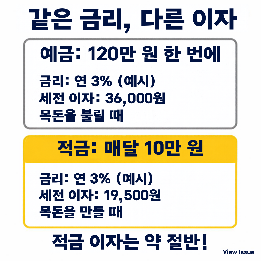 같은 금리 연 3% 예시에서 예금 120만 원 한 번에 넣으면 세전 이자 36,000원, 적금 매달 10만 원이면 19,500원으로 적금 이자는 약 절반