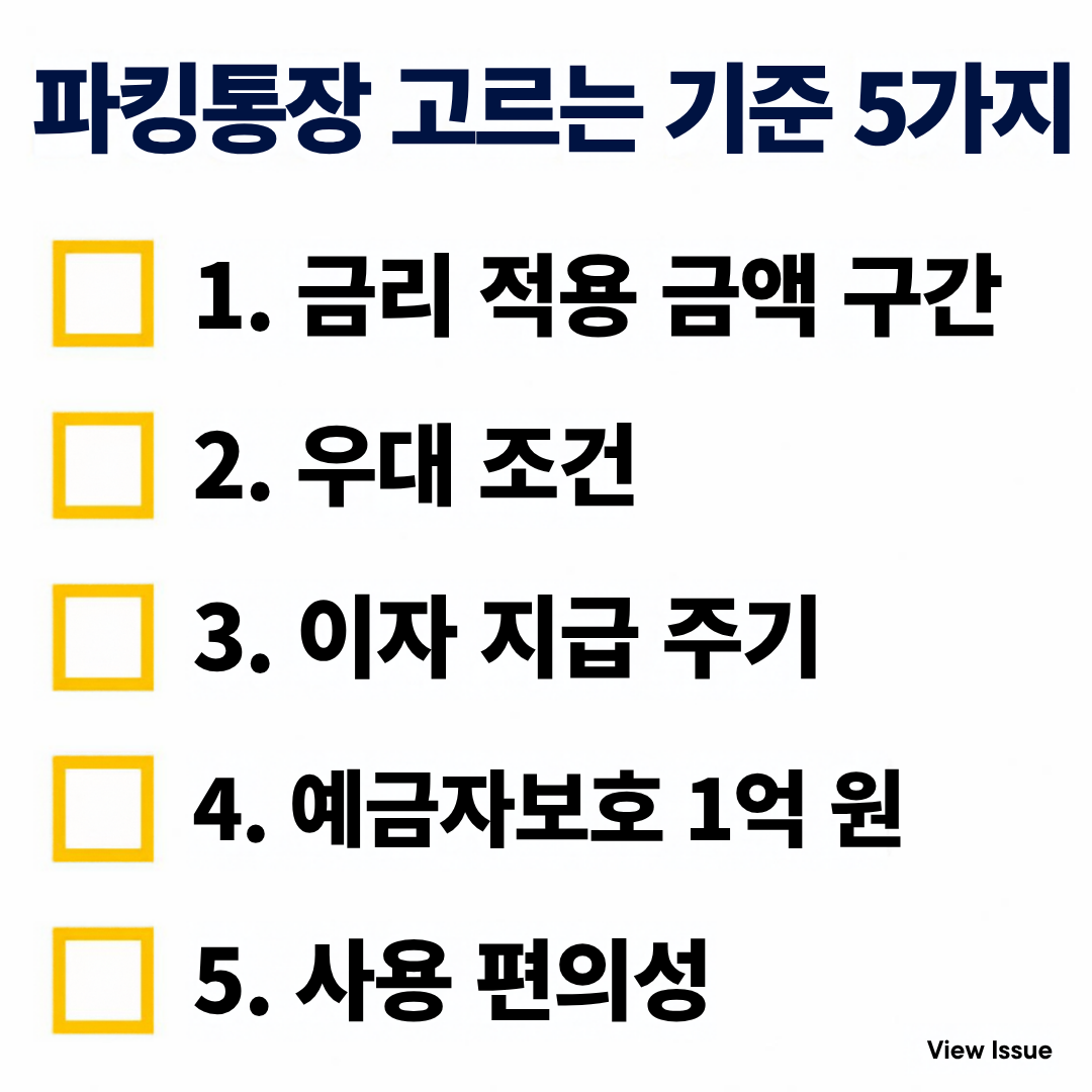 파킹통장 고르는 기준 5가지 체크리스트: 금리 적용 금액 구간, 우대 조건, 이자 지급 주기, 예금자보호 1억 원, 사용 편의성
