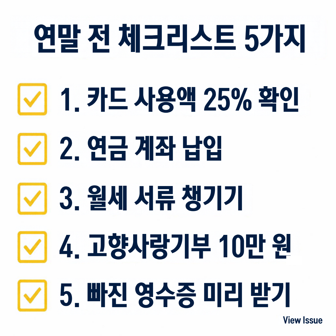 연말정산 연말 전 체크리스트 5가지: 카드 사용액 25% 확인, 연금 계좌 납입, 월세 서류 챙기기, 고향사랑기부 10만 원, 빠진 영수증 미리 받기